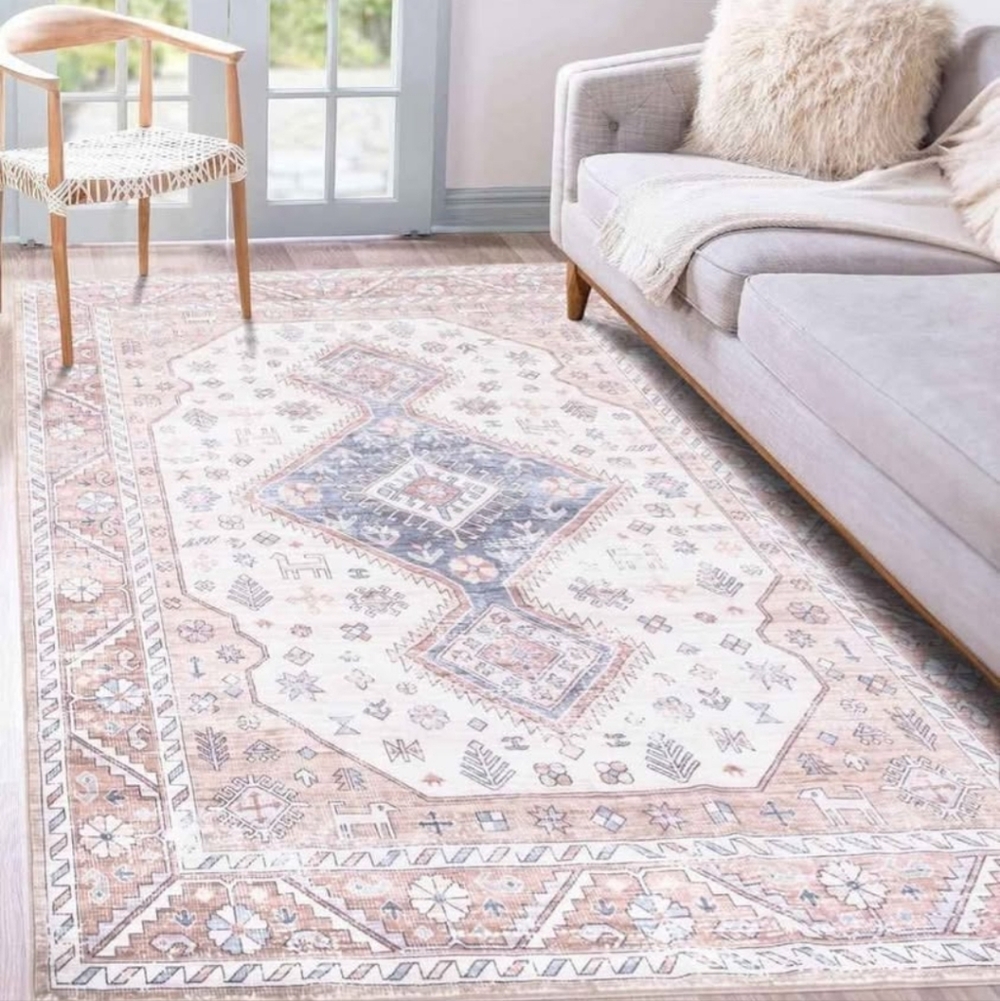 Washable Area Rug 5x7, Vintage Boho Non Slip Living Room Soft Faux Wool New